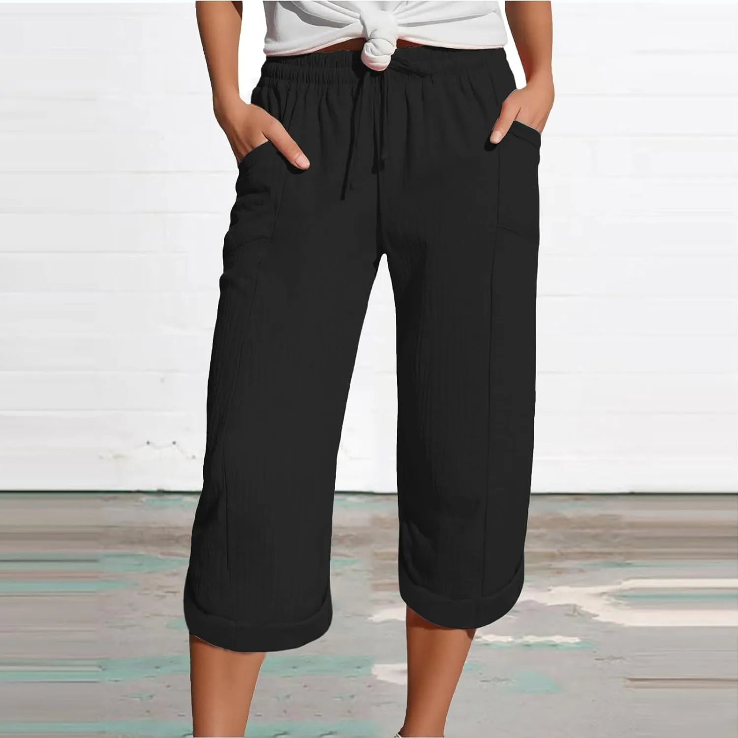 Capri Pants for Women Casual Summer Drawstring Elastic High Waist Linen Pant Cotton Linen Yoga Cropped Trousers