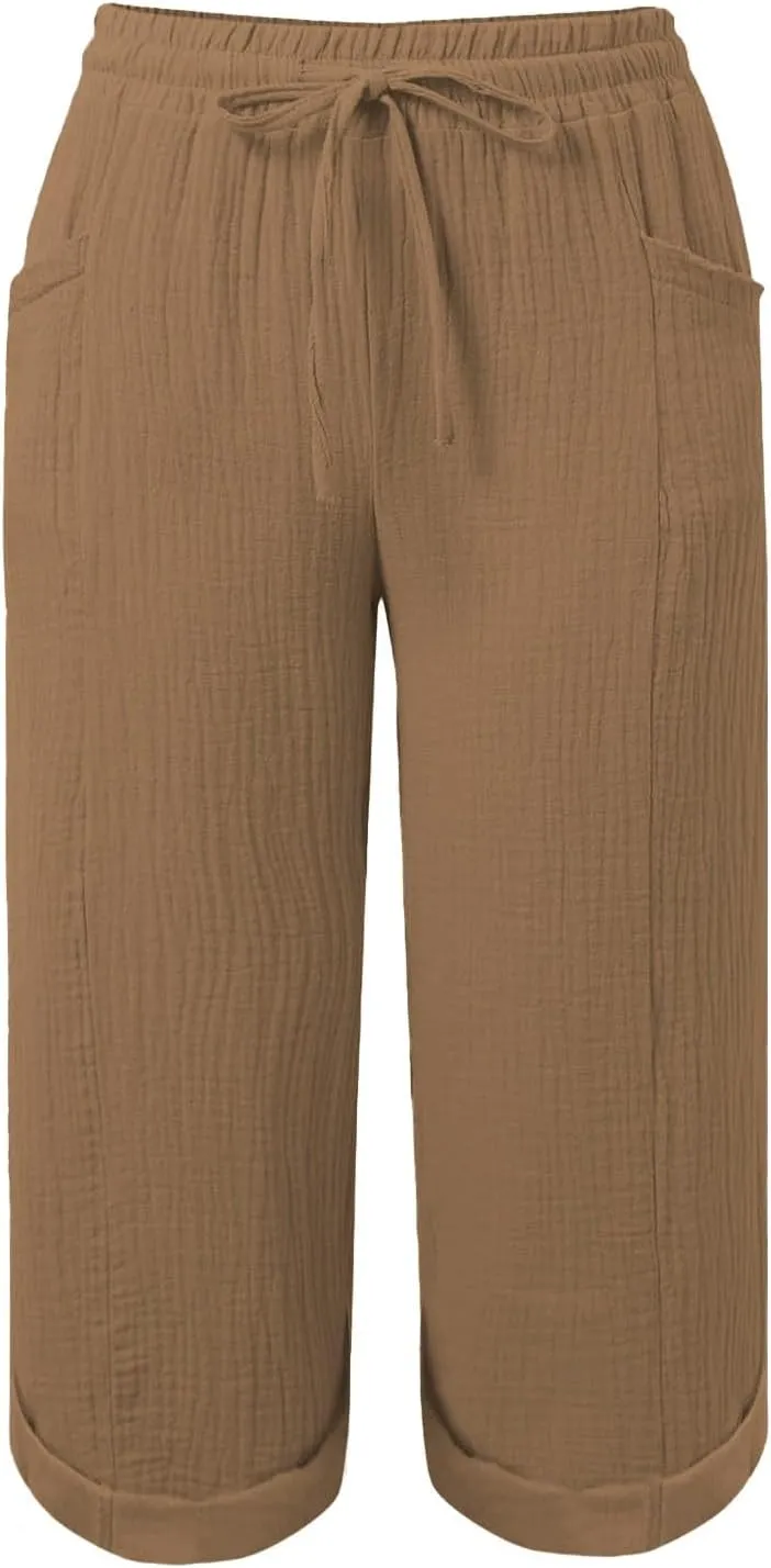Capri Pants for Women Casual Summer Drawstring Elastic High Waist Linen Pant Cotton Linen Yoga Cropped Trousers