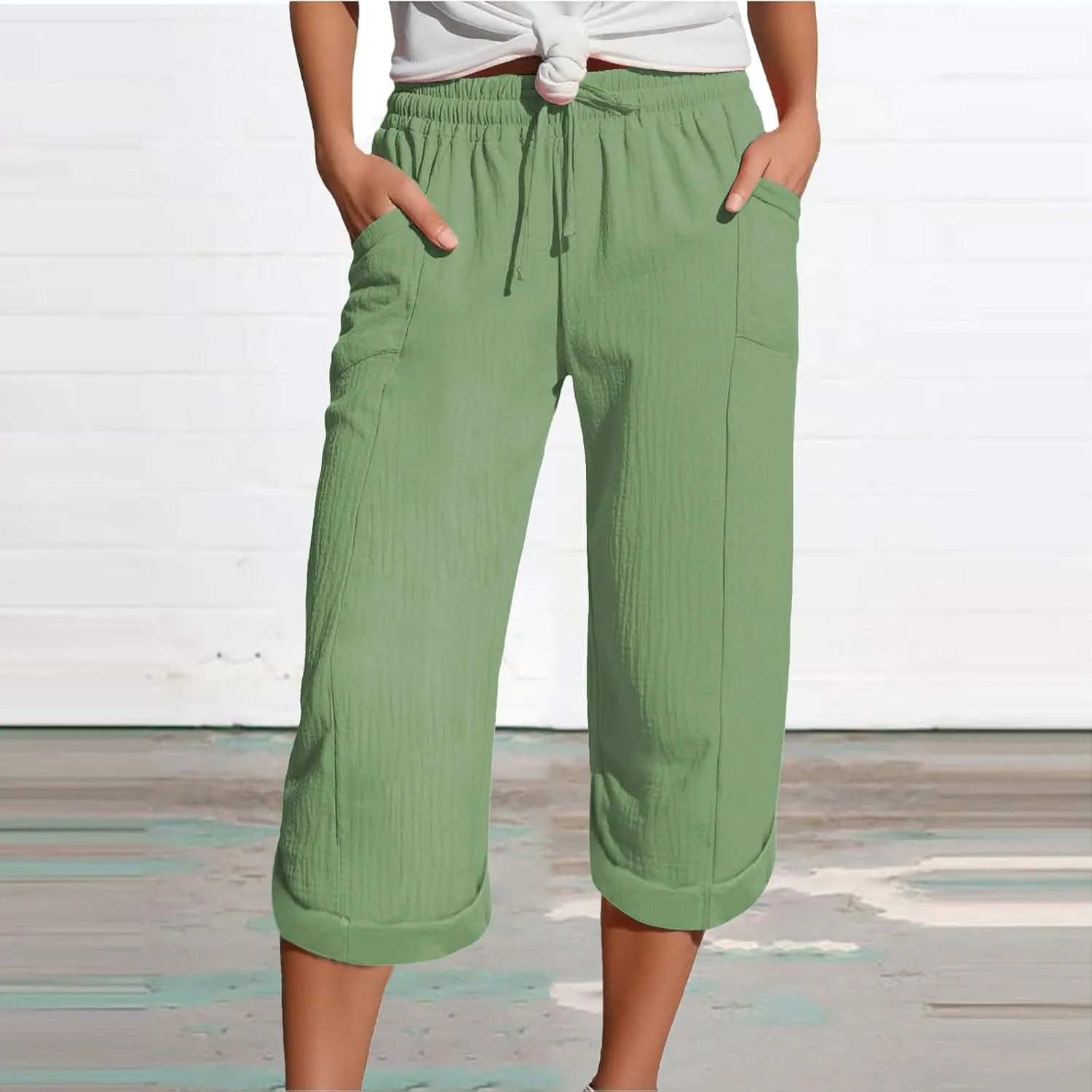 Capri Pants for Women Casual Summer Drawstring Elastic High Waist Linen Pant Cotton Linen Yoga Cropped Trousers