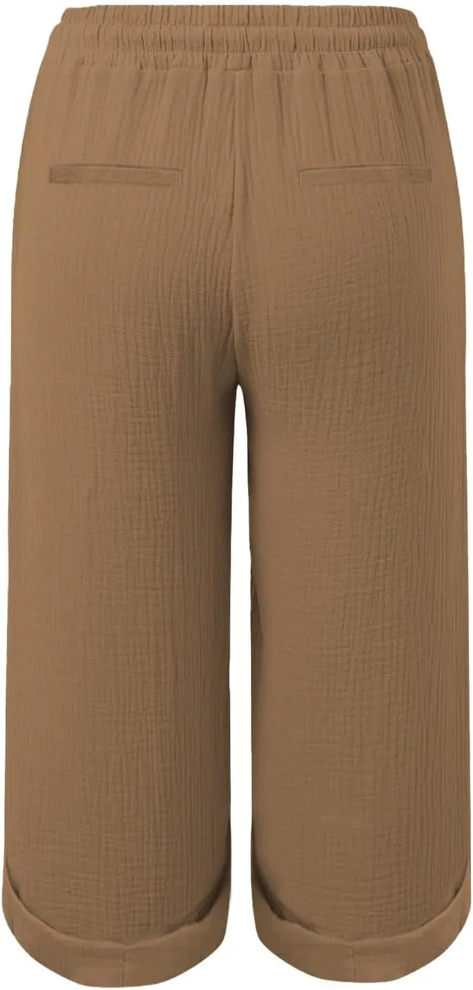 Capri Pants for Women Casual Summer Drawstring Elastic High Waist Linen Pant Cotton Linen Yoga Cropped Trousers