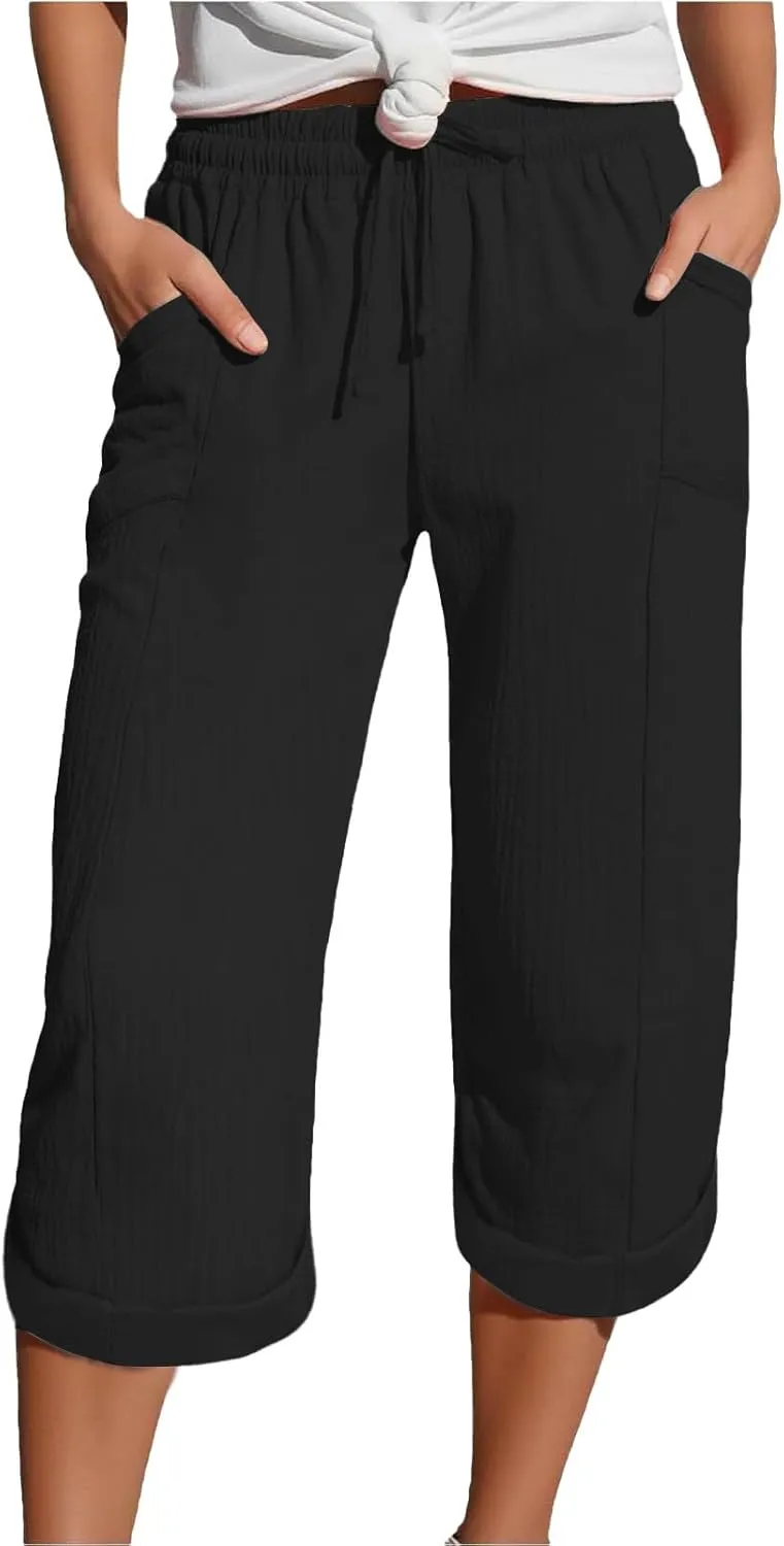 Capri Pants for Women Casual Summer Drawstring Elastic High Waist Linen Pant Cotton Linen Yoga Cropped Trousers