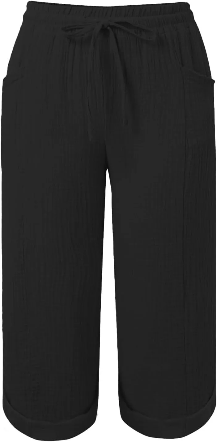 Capri Pants for Women Casual Summer Drawstring Elastic High Waist Linen Pant Cotton Linen Yoga Cropped Trousers