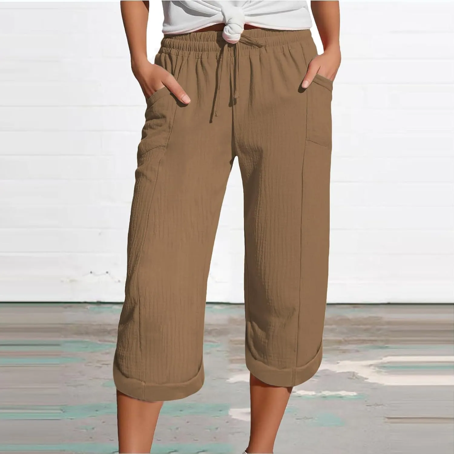 Capri Pants for Women Casual Summer Drawstring Elastic High Waist Linen Pant Cotton Linen Yoga Cropped Trousers
