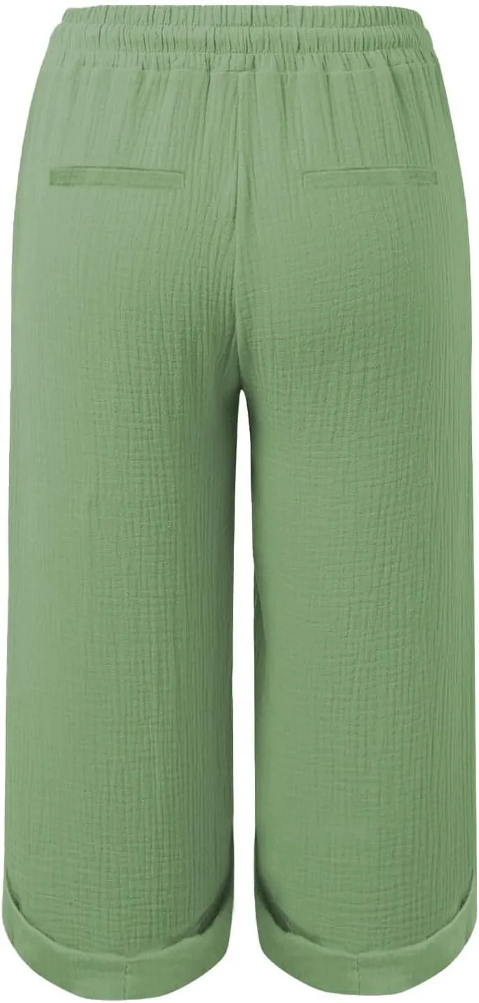 Capri Pants for Women Casual Summer Drawstring Elastic High Waist Linen Pant Cotton Linen Yoga Cropped Trousers