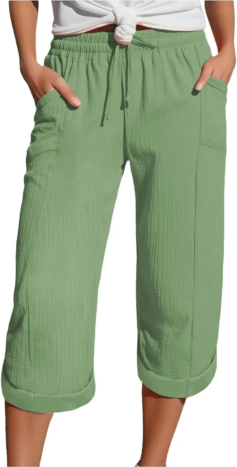 Capri Pants for Women Casual Summer Drawstring Elastic High Waist Linen Pant Cotton Linen Yoga Cropped Trousers