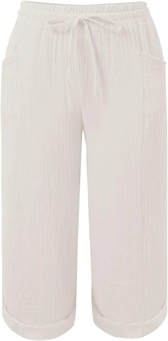 Capri Pants for Women Casual Summer Drawstring Elastic High Waist Linen Pant Cotton Linen Yoga Cropped Trousers