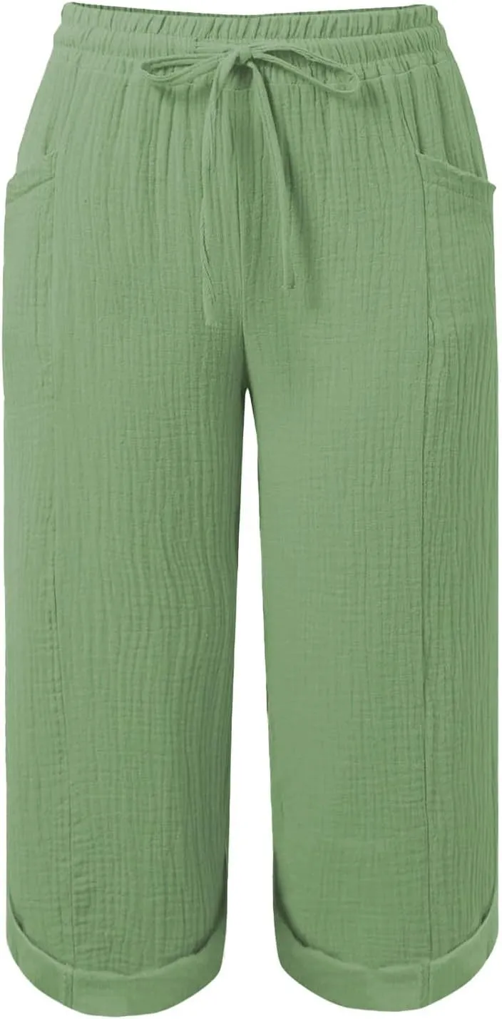 Capri Pants for Women Casual Summer Drawstring Elastic High Waist Linen Pant Cotton Linen Yoga Cropped Trousers