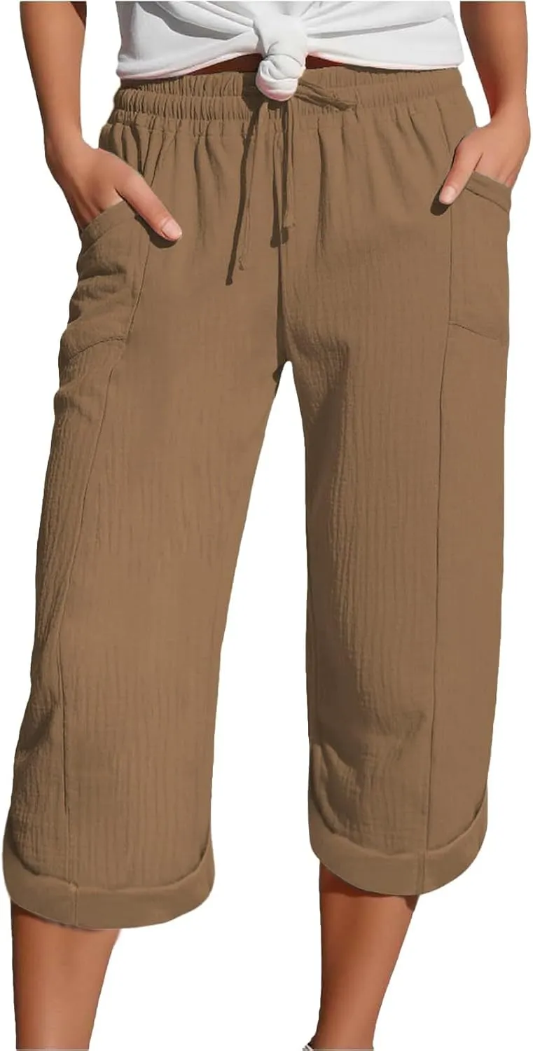 Capri Pants for Women Casual Summer Drawstring Elastic High Waist Linen Pant Cotton Linen Yoga Cropped Trousers