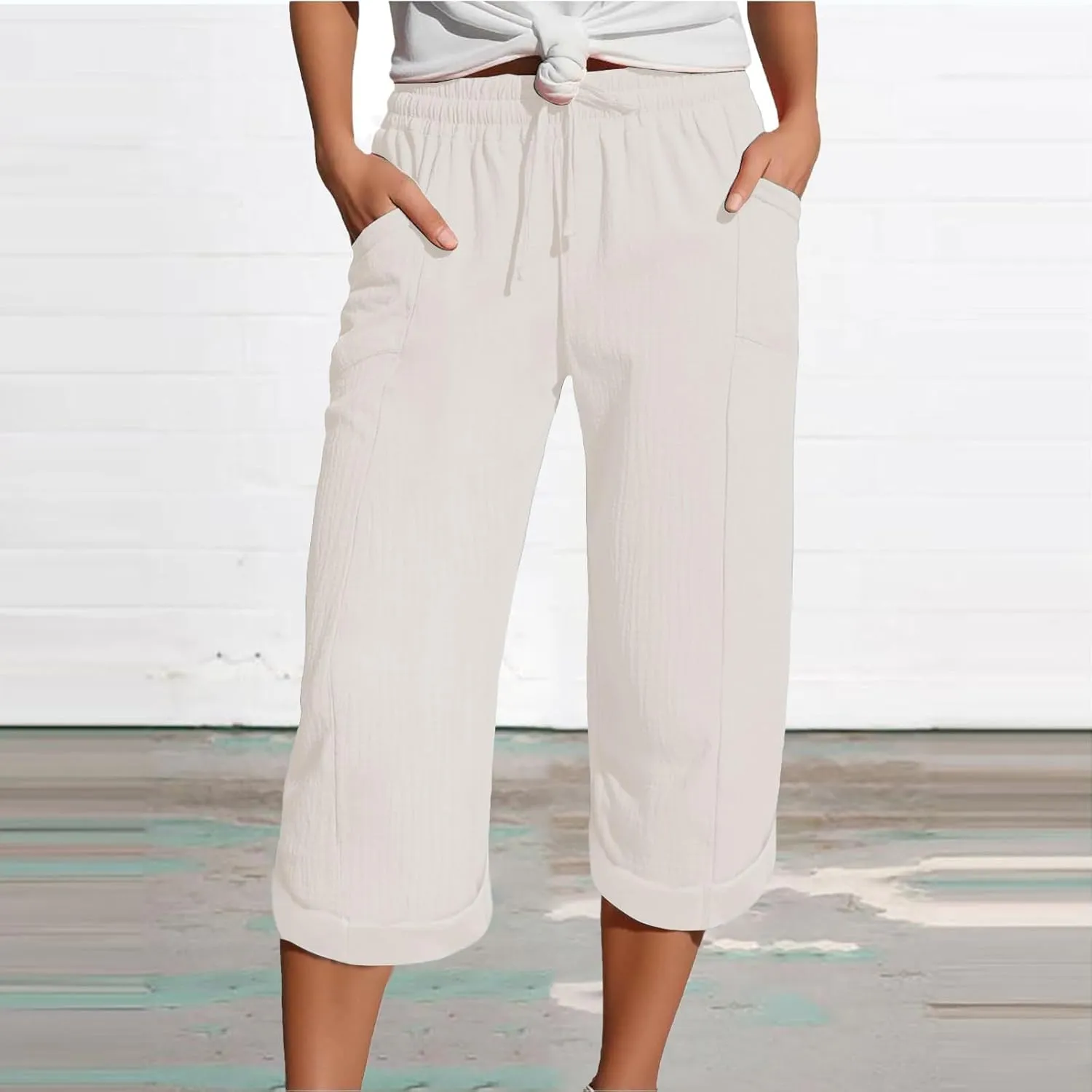 Capri Pants for Women Casual Summer Drawstring Elastic High Waist Linen Pant Cotton Linen Yoga Cropped Trousers