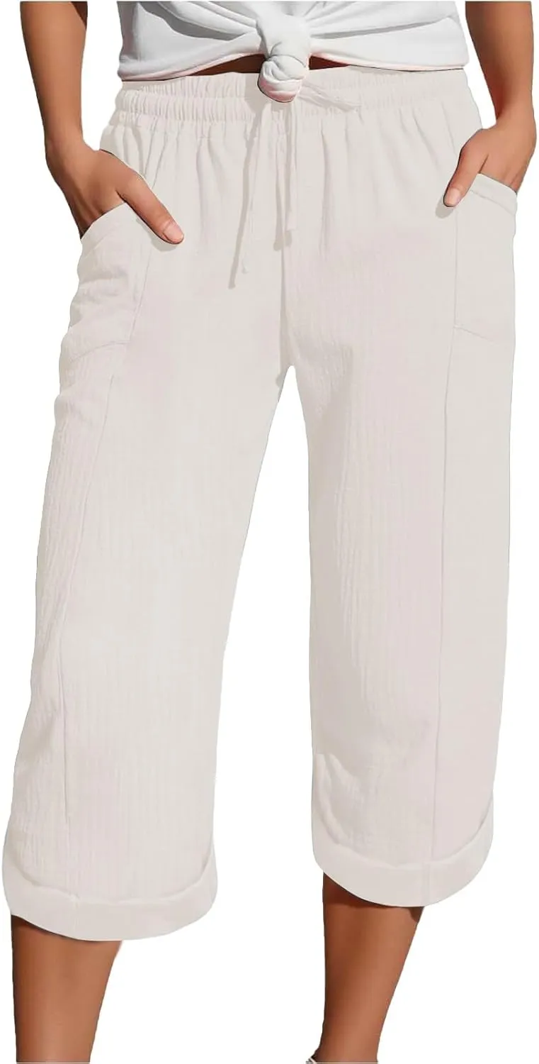 Capri Pants for Women Casual Summer Drawstring Elastic High Waist Linen Pant Cotton Linen Yoga Cropped Trousers