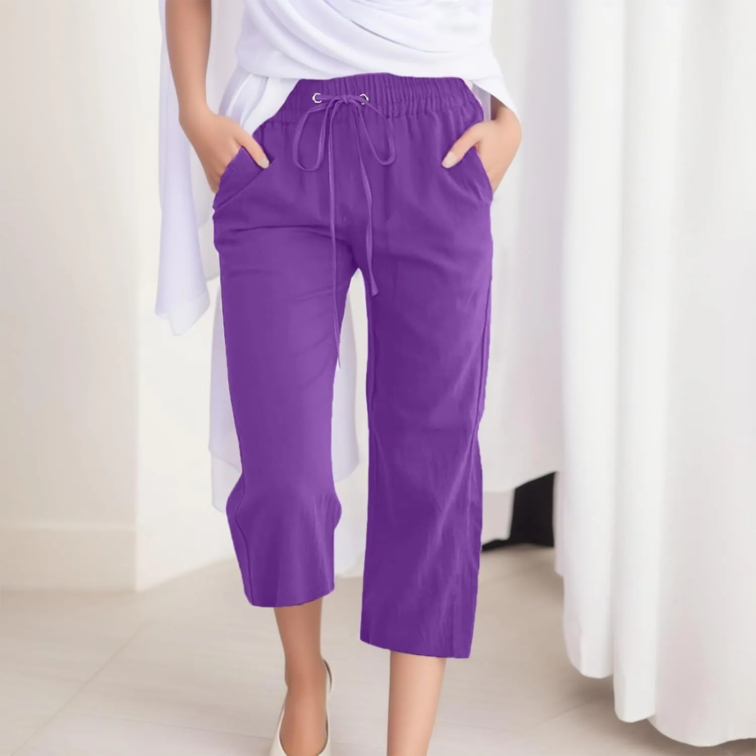 Capri Pants for Women Casual Summer Drawstring Elastic Waist Linen Pants Straight Wide Leg Pocket Cropped Trouser