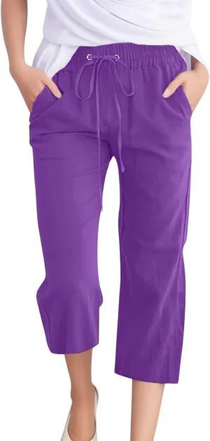 Capri Pants for Women Casual Summer Drawstring Elastic Waist Linen Pants Straight Wide Leg Pocket Cropped Trouser