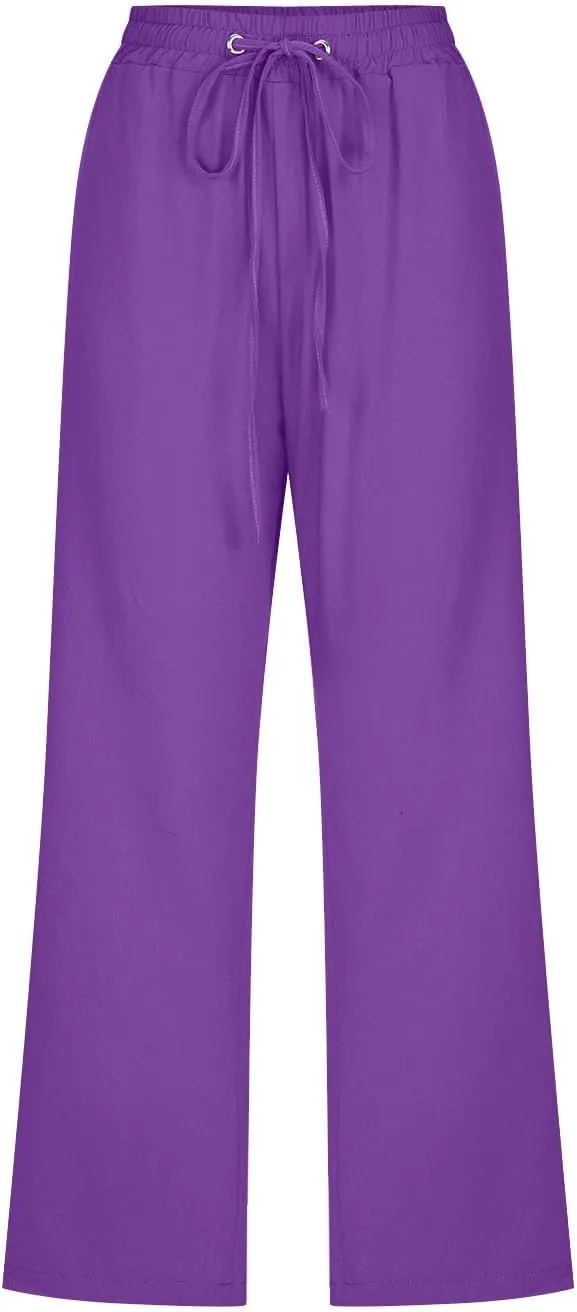 Capri Pants for Women Casual Summer Drawstring Elastic Waist Linen Pants Straight Wide Leg Pocket Cropped Trouser