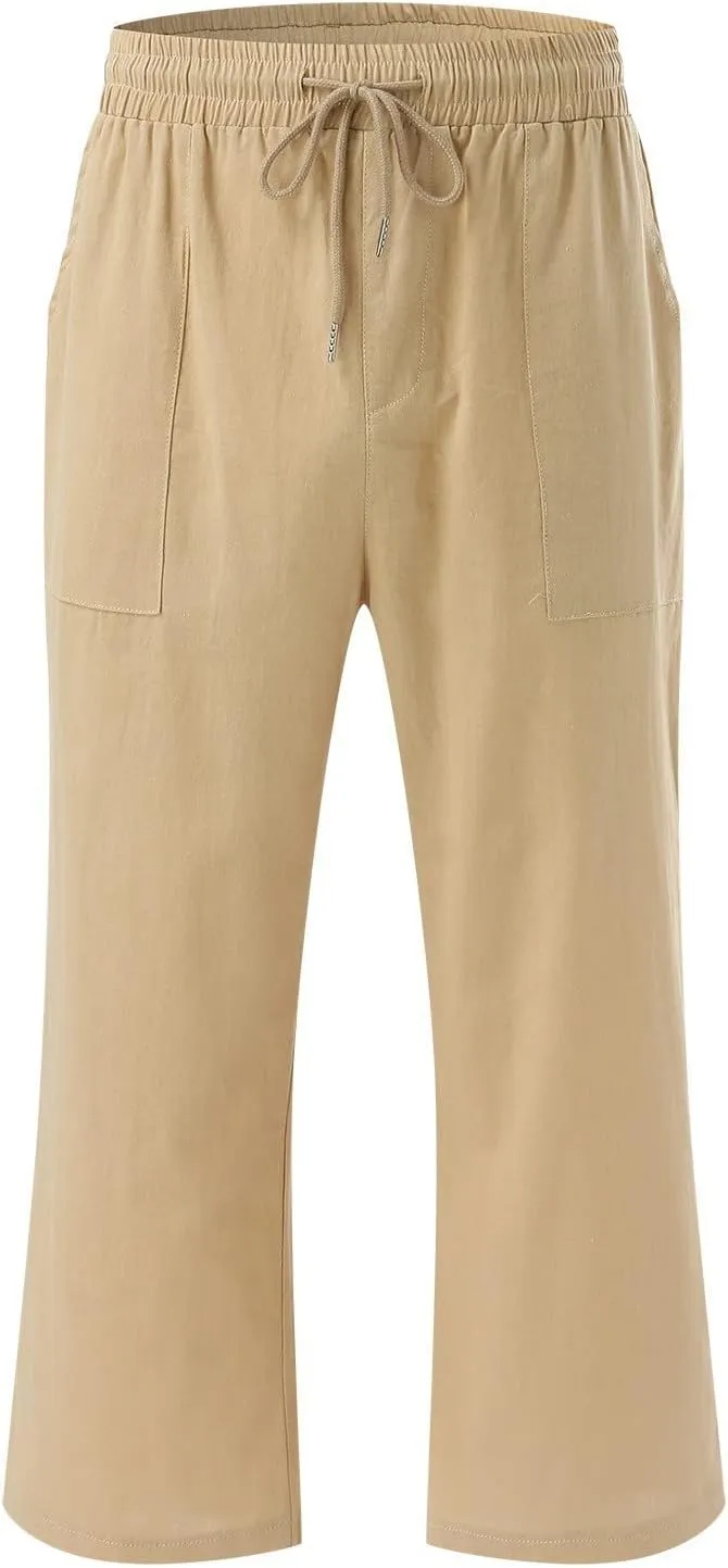 Capri Pants for Women Cotton Linen Casual Summer 2025 Wide Leg Loose Drawstring Elastic Waist Cropped Trousers