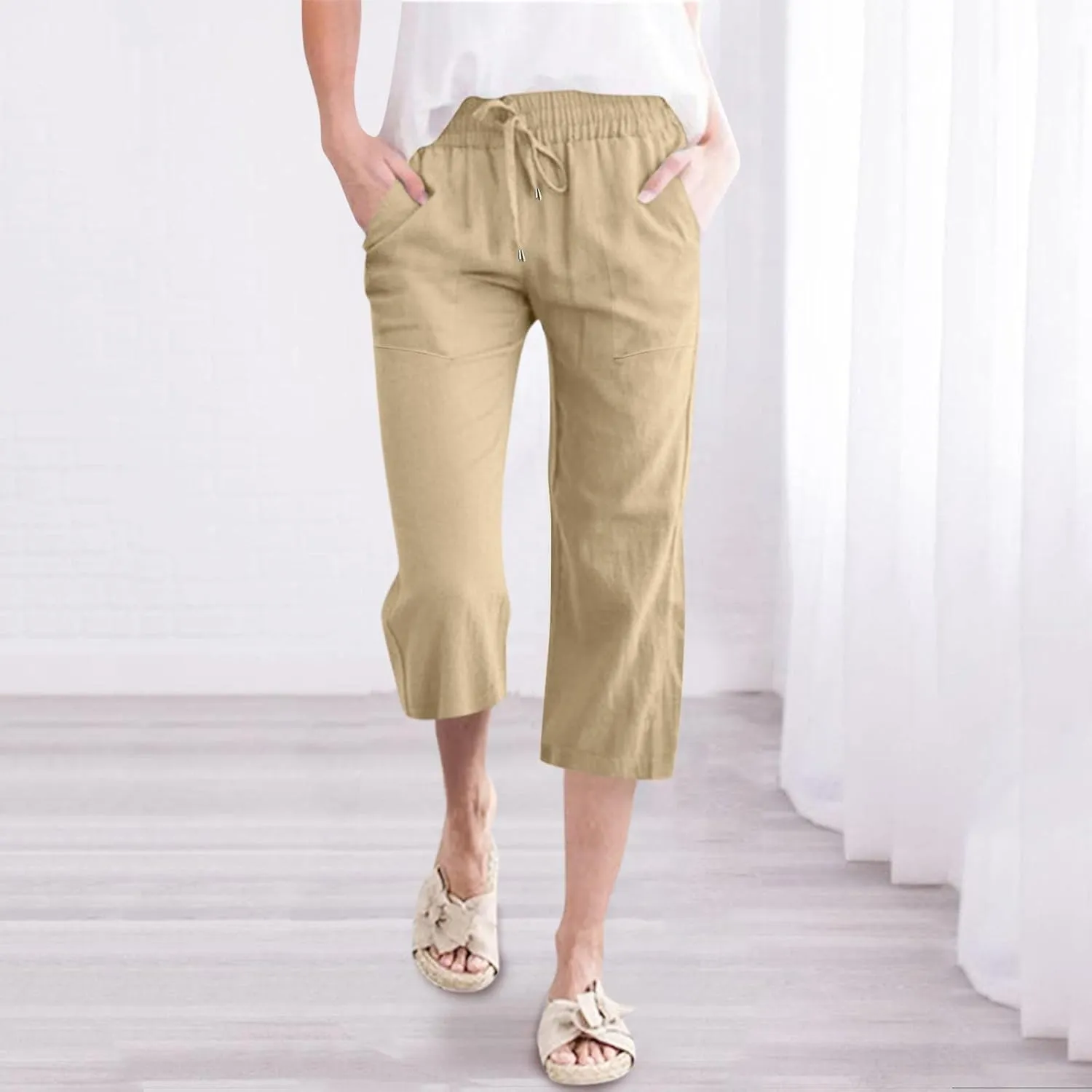 Capri Pants for Women Cotton Linen Casual Summer 2025 Wide Leg Loose Drawstring Elastic Waist Cropped Trousers
