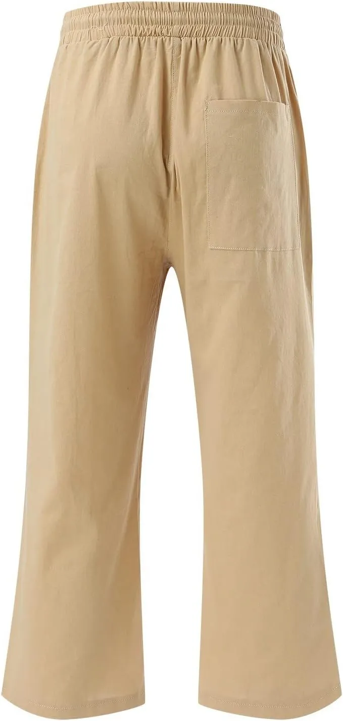 Capri Pants for Women Cotton Linen Casual Summer 2025 Wide Leg Loose Drawstring Elastic Waist Cropped Trousers