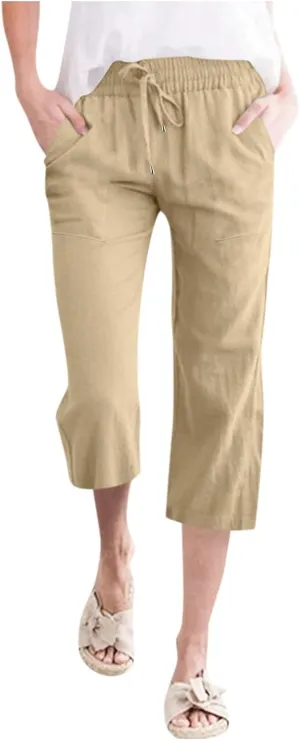 Capri Pants for Women Cotton Linen Casual Summer 2025 Wide Leg Loose Drawstring Elastic Waist Cropped Trousers