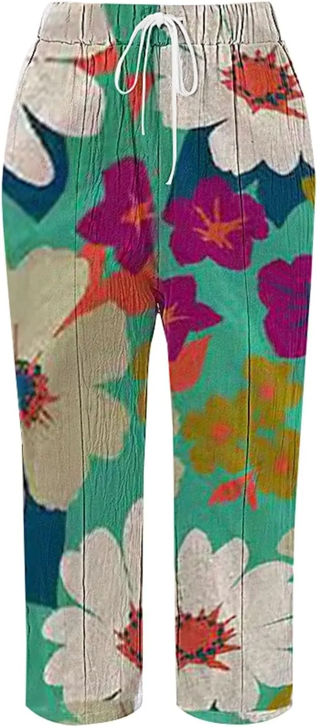 Capri Pants for Women Cotton Linen Pants,Summer Wide Leg Casual Loose Drawstring High Waist Palazzo Pants