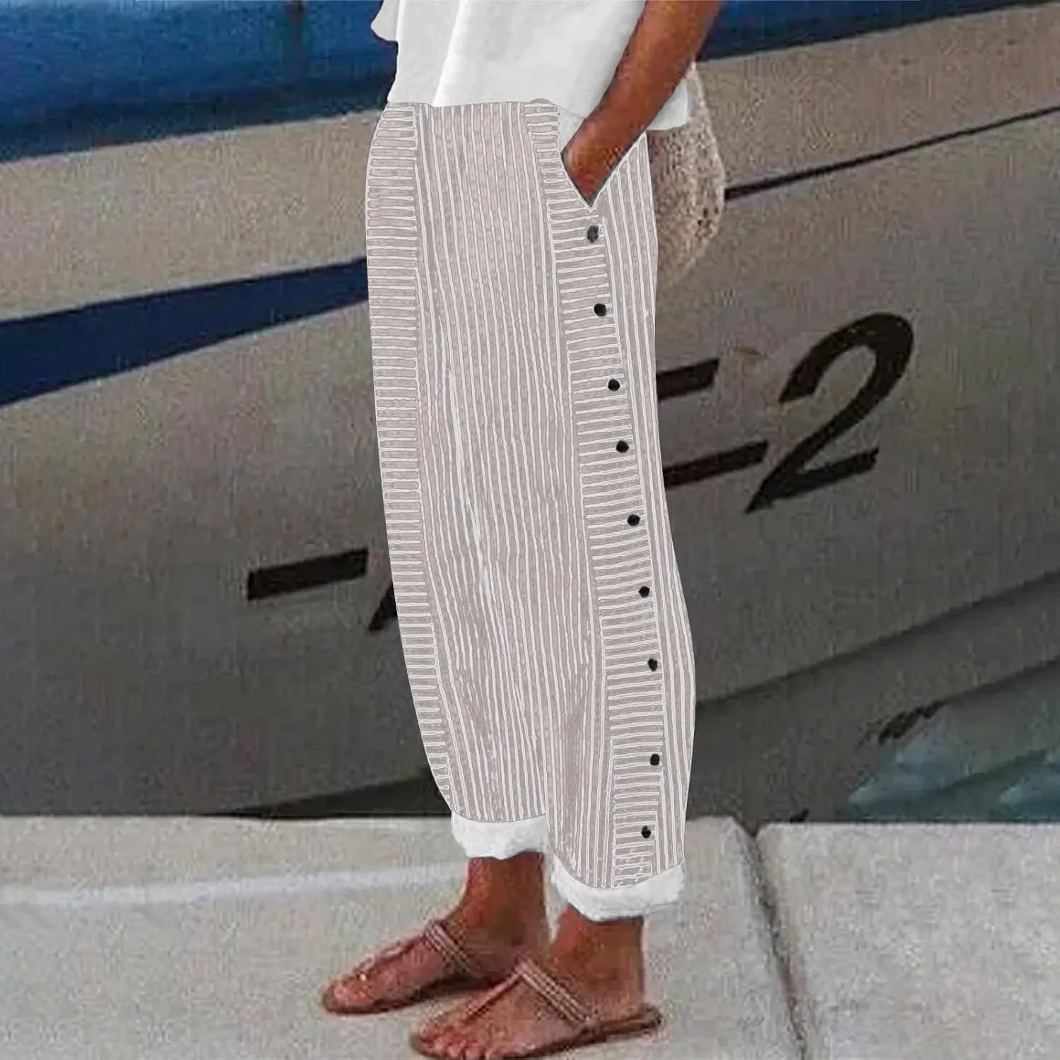 Capri Pants for Women Cotton Linen Pants,Summer Wide Leg Casual Loose Drawstring High Waist Palazzo Pants
