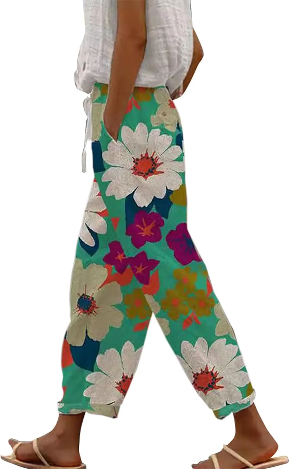 Capri Pants for Women Cotton Linen Pants,Summer Wide Leg Casual Loose Drawstring High Waist Palazzo Pants
