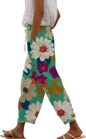 Capri Pants for Women Cotton Linen Pants,Summer Wide Leg Casual Loose Drawstring High Waist Palazzo Pants