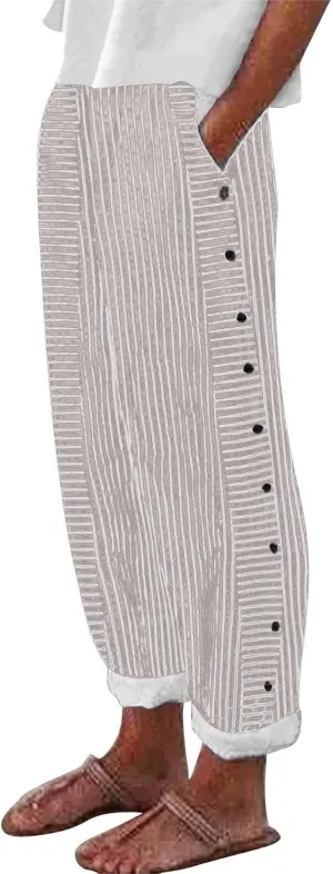 Capri Pants for Women Cotton Linen Pants,Summer Wide Leg Casual Loose Drawstring High Waist Palazzo Pants