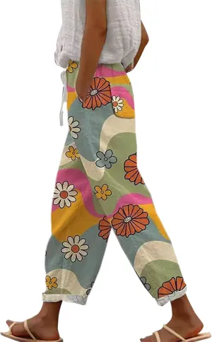 Capri Pants for Women Cotton Linen Pants,Summer Wide Leg Casual Loose Drawstring High Waist Palazzo Pants