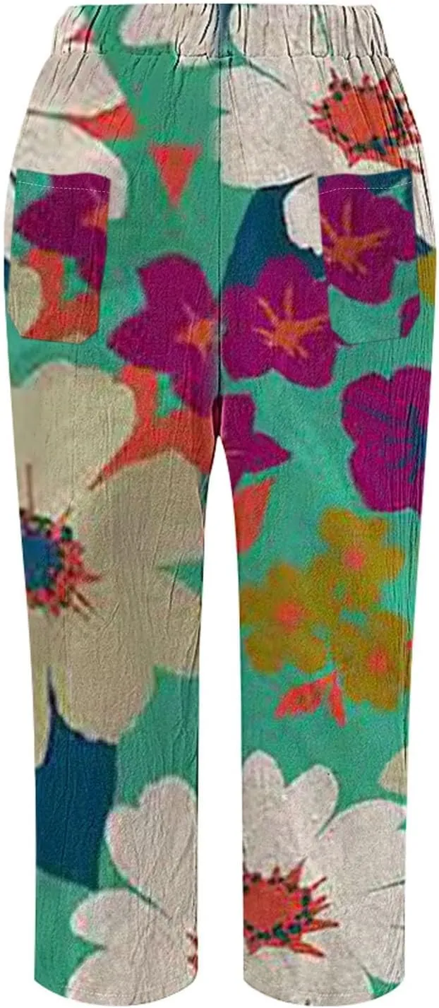 Capri Pants for Women Cotton Linen Pants,Summer Wide Leg Casual Loose Drawstring High Waist Palazzo Pants