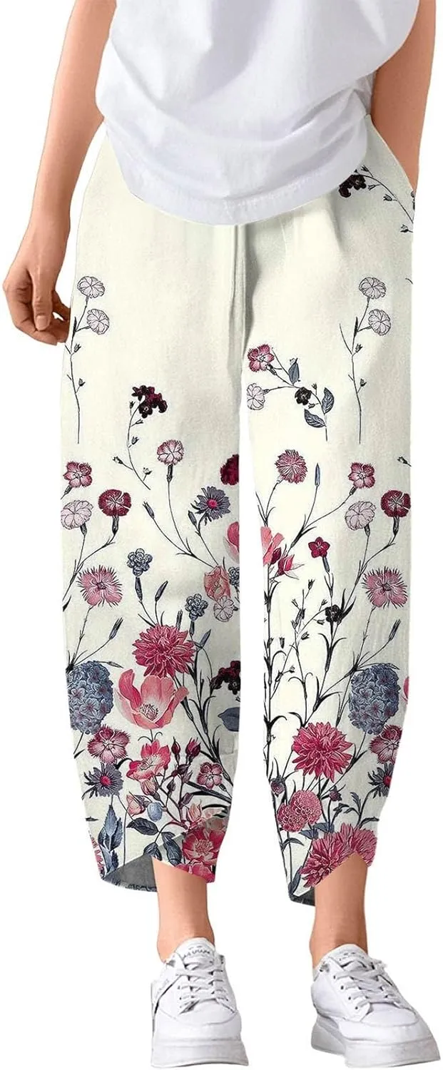 Capri Pants for Women- Flowy Beach Striped Casual Loose Workout Travel Trendy Jogging Baggy Light Weight Stretch