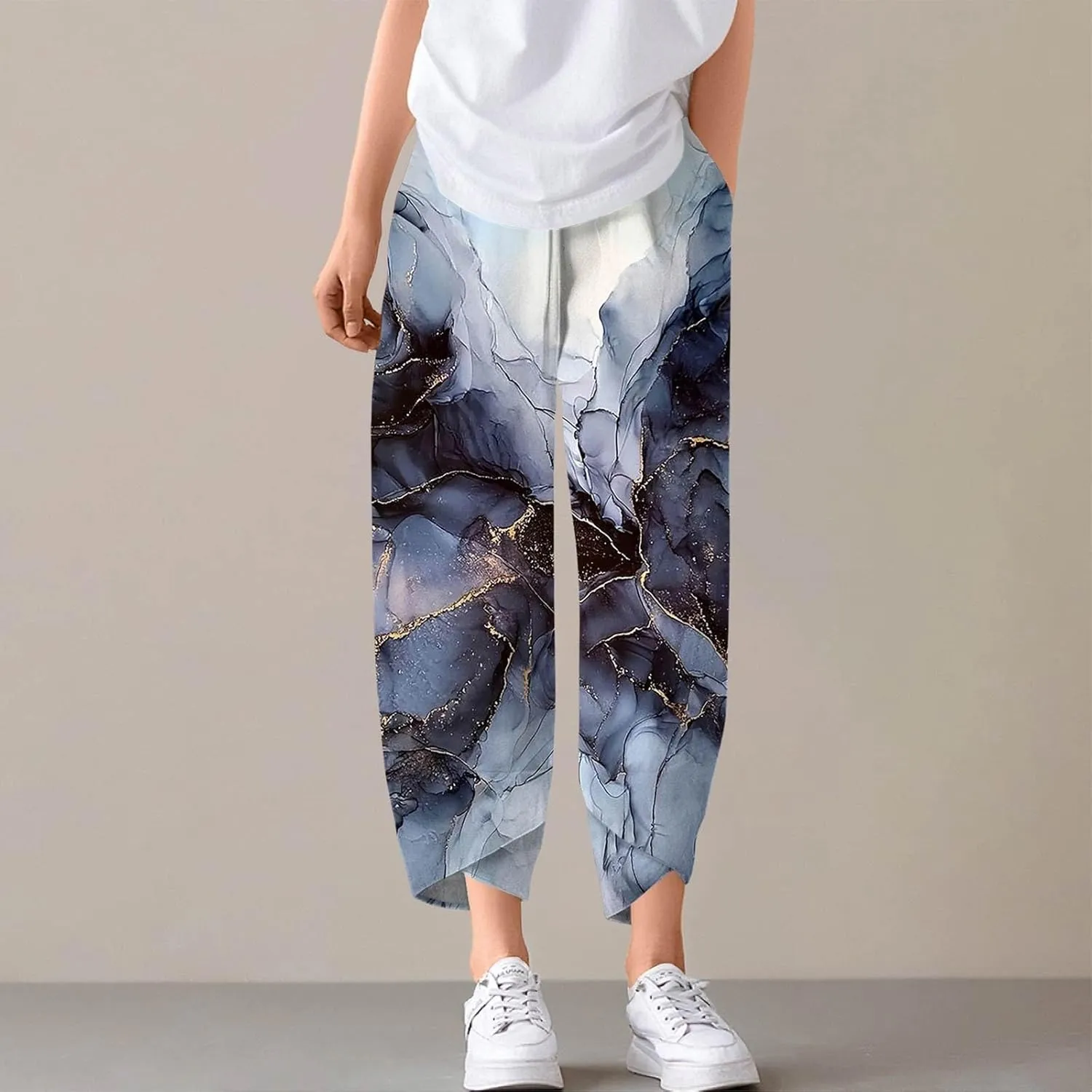 Capri Pants for Women- Flowy Beach Striped Casual Loose Workout Travel Trendy Jogging Baggy Light Weight Stretch