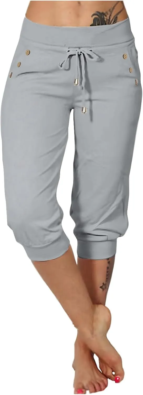 Capri Pants for Women High Waist Drawstring Capris Casual Trousers Summer 2025 Vacation Capri Pants with Pockets