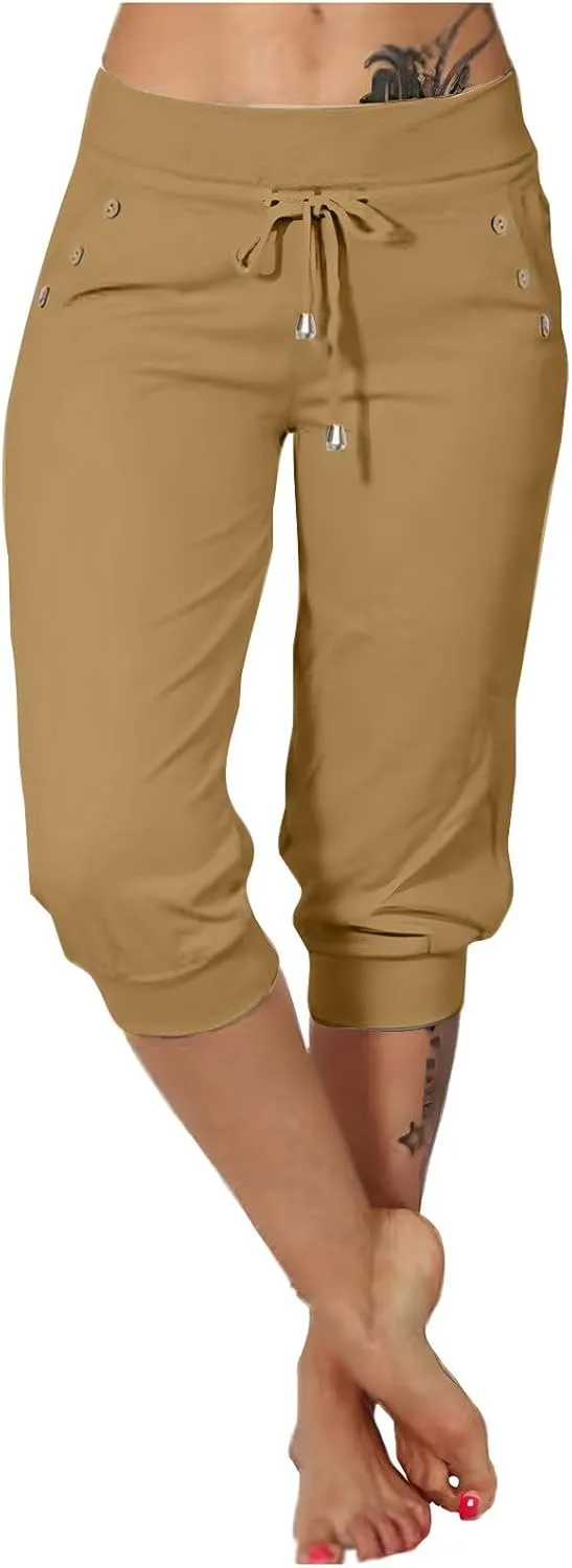 Capri Pants for Women High Waist Drawstring Capris Casual Trousers Summer 2025 Vacation Capri Pants with Pockets