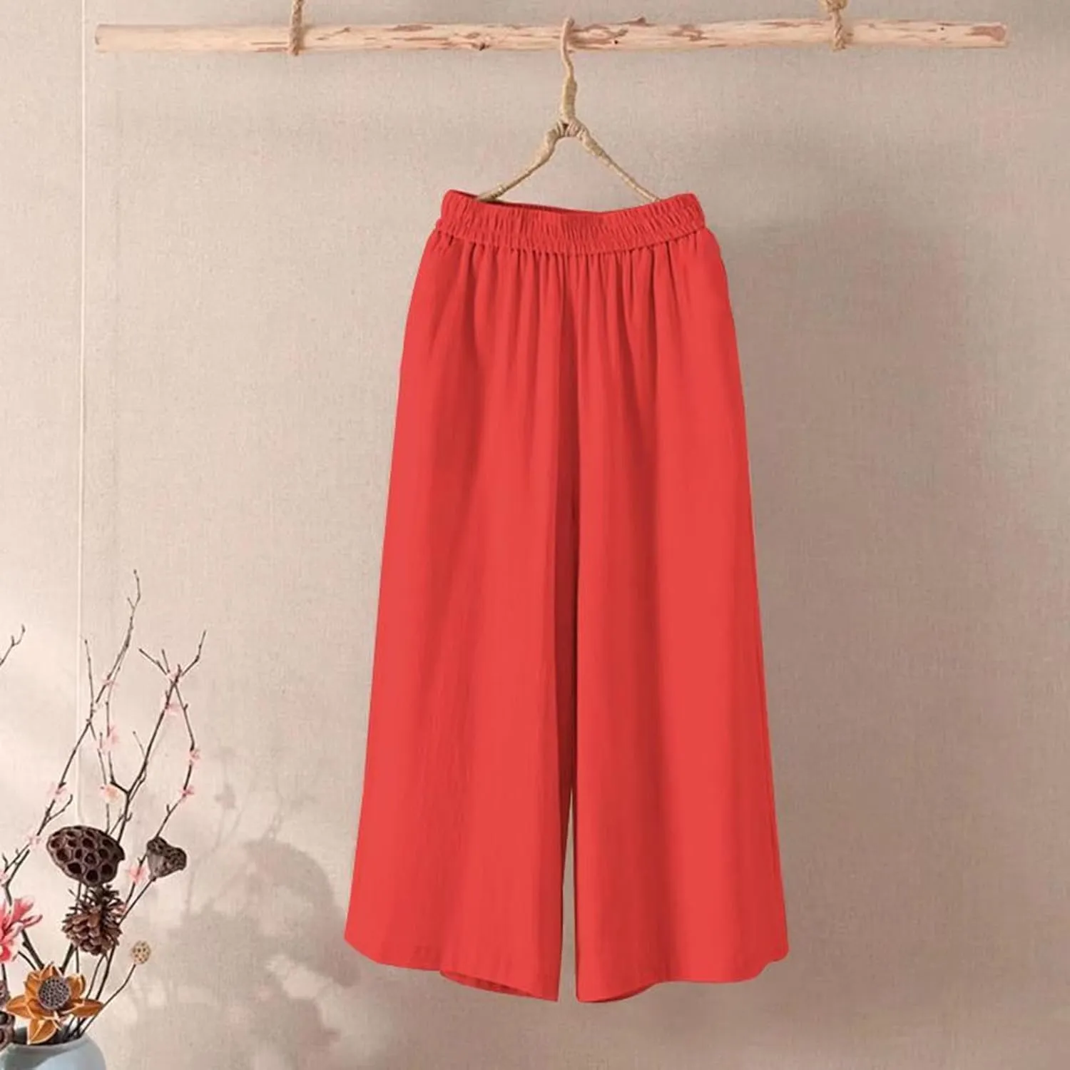 Capri Pants for Women High Waisted Wide Leg Linen Palazzo Trousers Pull On Elastic Smock Waist Loose Flowy Pants