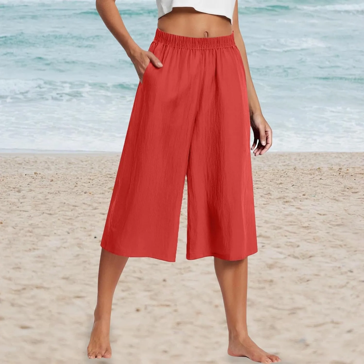 Capri Pants for Women High Waisted Wide Leg Linen Palazzo Trousers Pull On Elastic Smock Waist Loose Flowy Pants