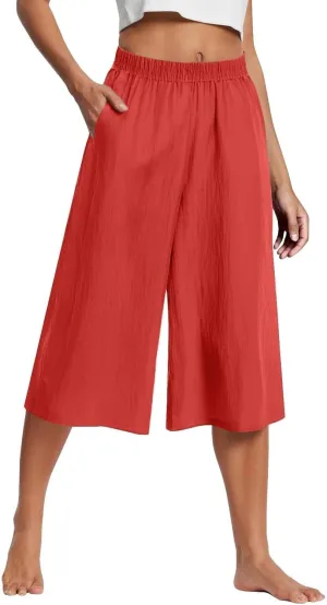 Capri Pants for Women High Waisted Wide Leg Linen Palazzo Trousers Pull On Elastic Smock Waist Loose Flowy Pants