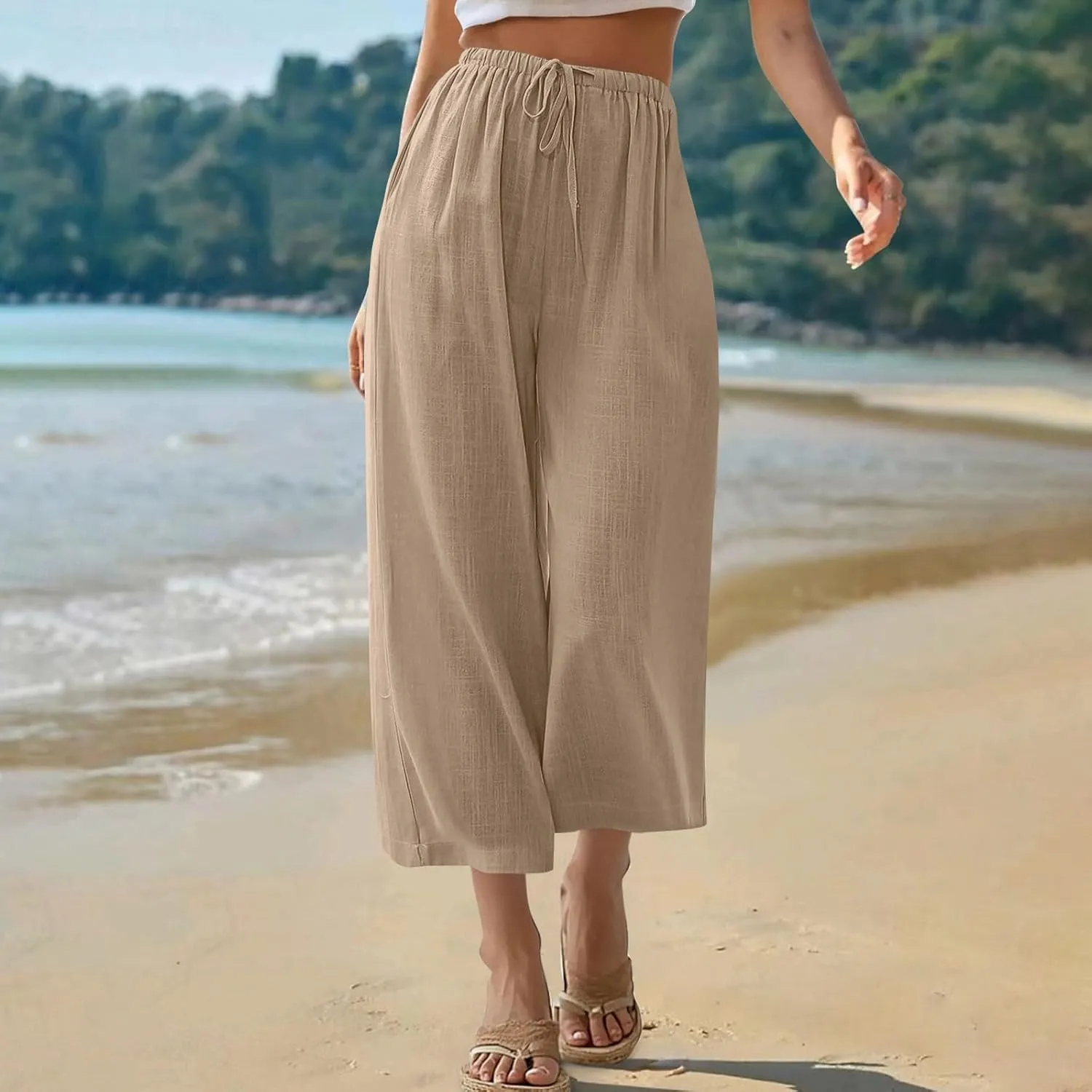 Capri Pants for Women Linen Workout Capri Casual Cropped Elastic Waist High Waist Yoga Casual Summer Cotton Stretch