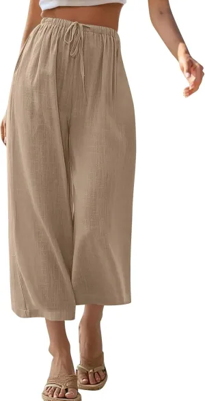Capri Pants for Women Linen Workout Capri Casual Cropped Elastic Waist High Waist Yoga Casual Summer Cotton Stretch