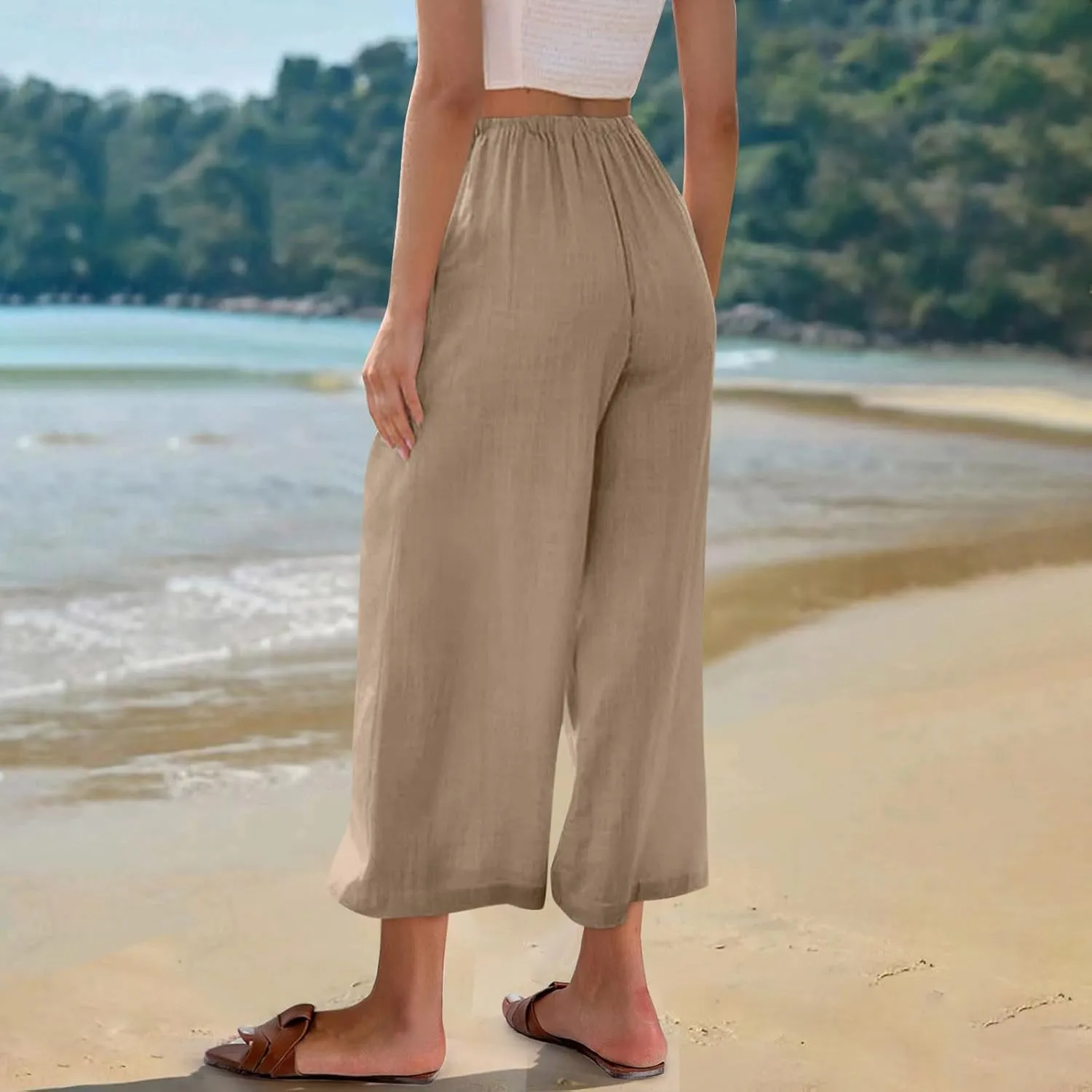 Capri Pants for Women Linen Workout Capri Casual Cropped Elastic Waist High Waist Yoga Casual Summer Cotton Stretch