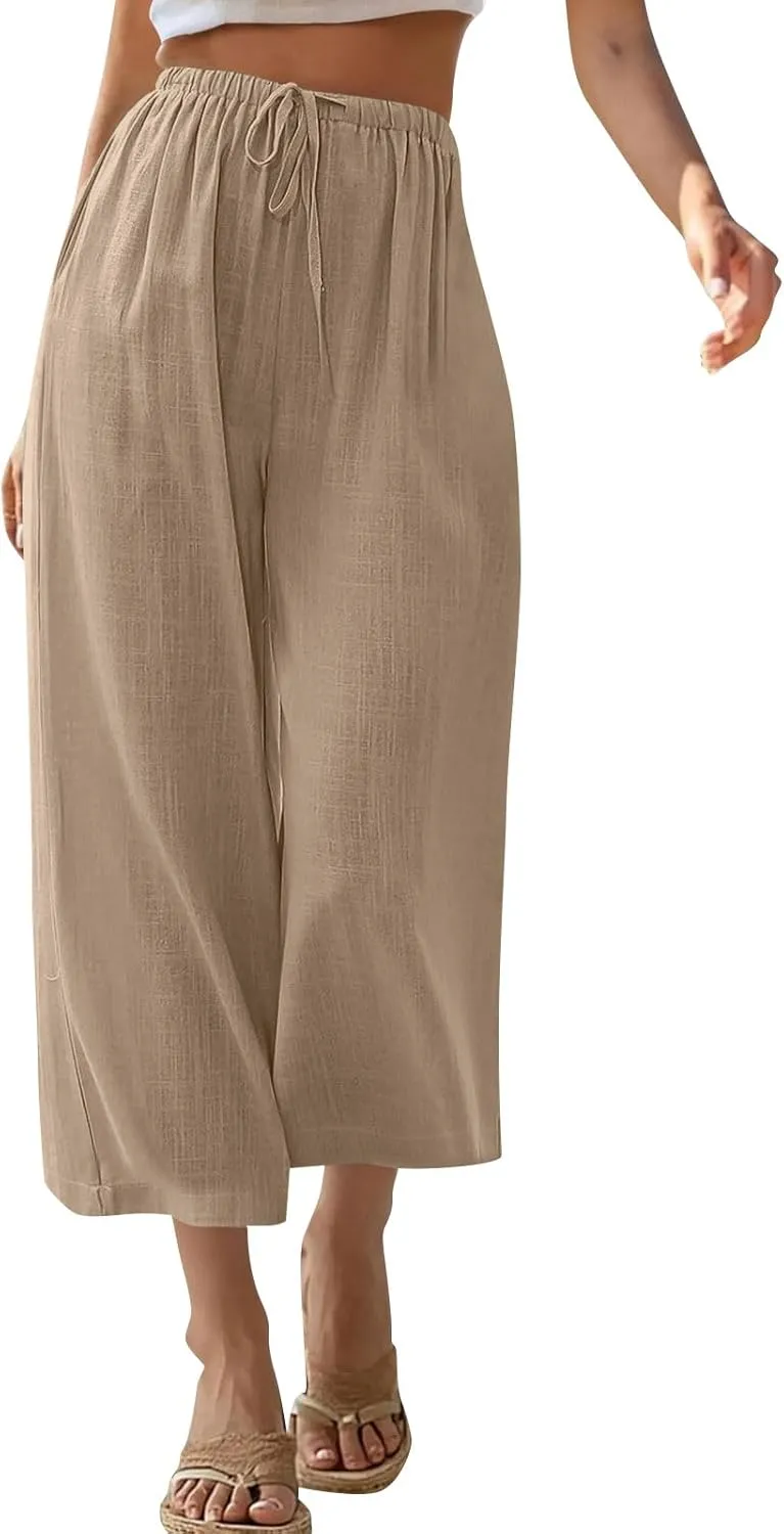Capri Pants for Women Linen Workout Capri Casual Cropped Elastic Waist High Waist Yoga Casual Summer Cotton Stretch