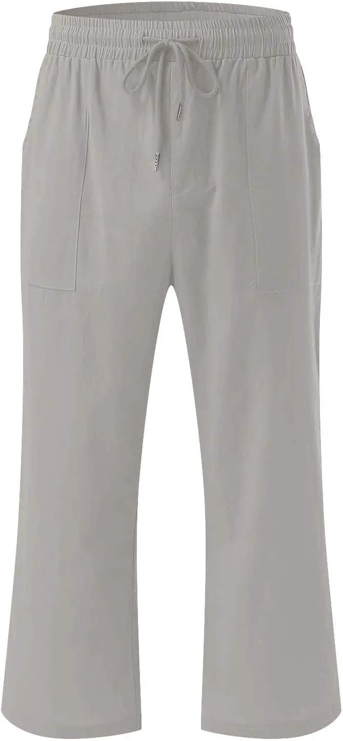 Capri Pants for Women Petite Summer Drawstrings Linen Pants Plus Size High Waist Straight Leg Trousers with Pockets