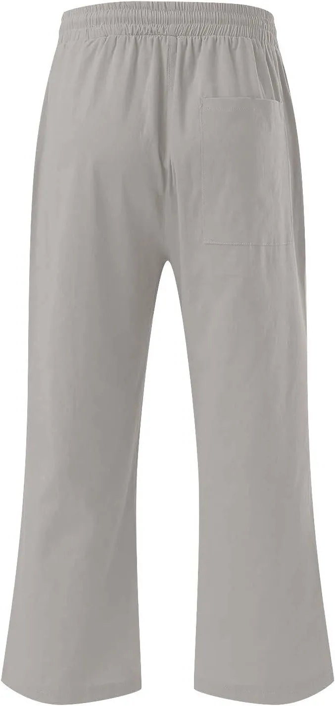 Capri Pants for Women Petite Summer Drawstrings Linen Pants Plus Size High Waist Straight Leg Trousers with Pockets