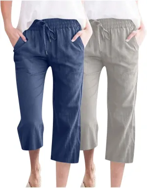 Capri Pants for Women Petite Summer Drawstrings Linen Pants Plus Size High Waist Straight Leg Trousers with Pockets