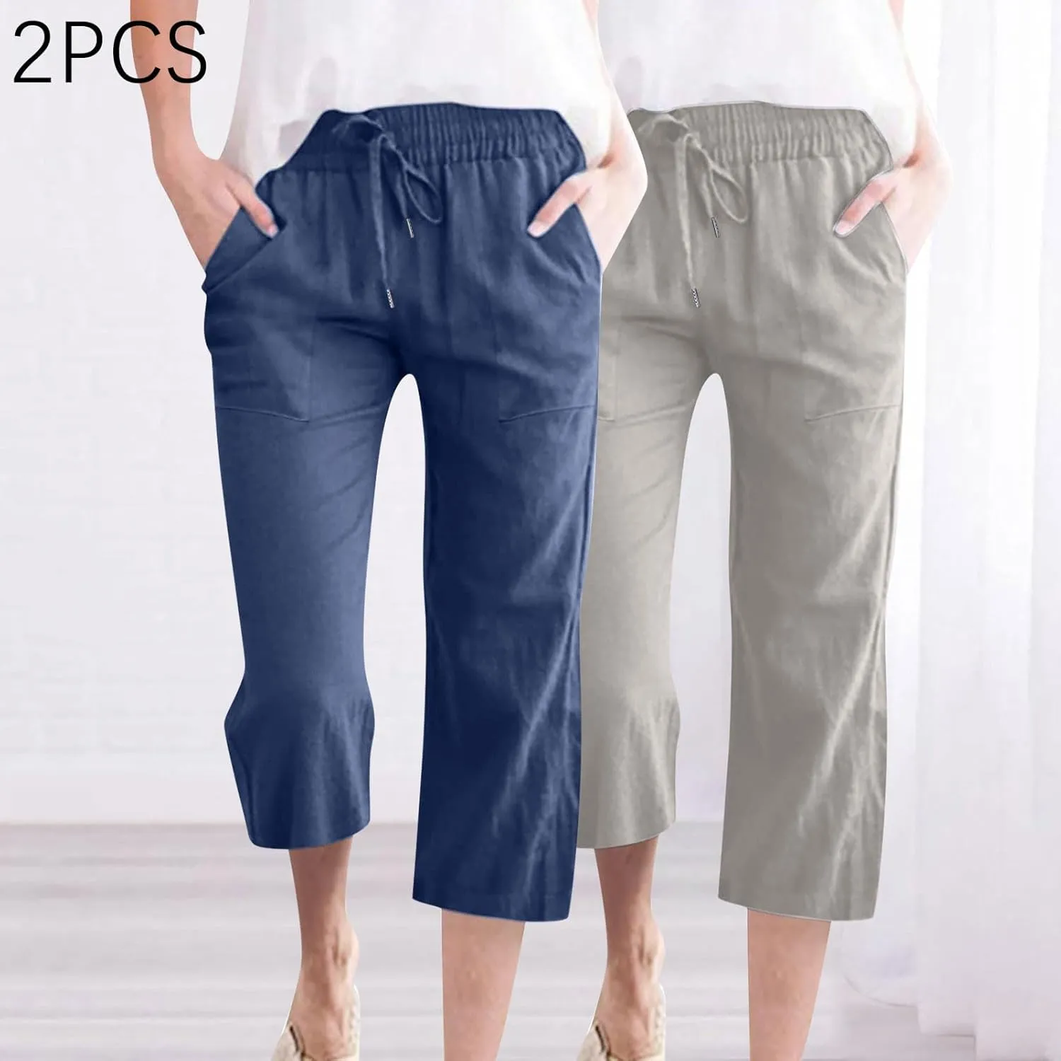 Capri Pants for Women Petite Summer Drawstrings Linen Pants Plus Size High Waist Straight Leg Trousers with Pockets