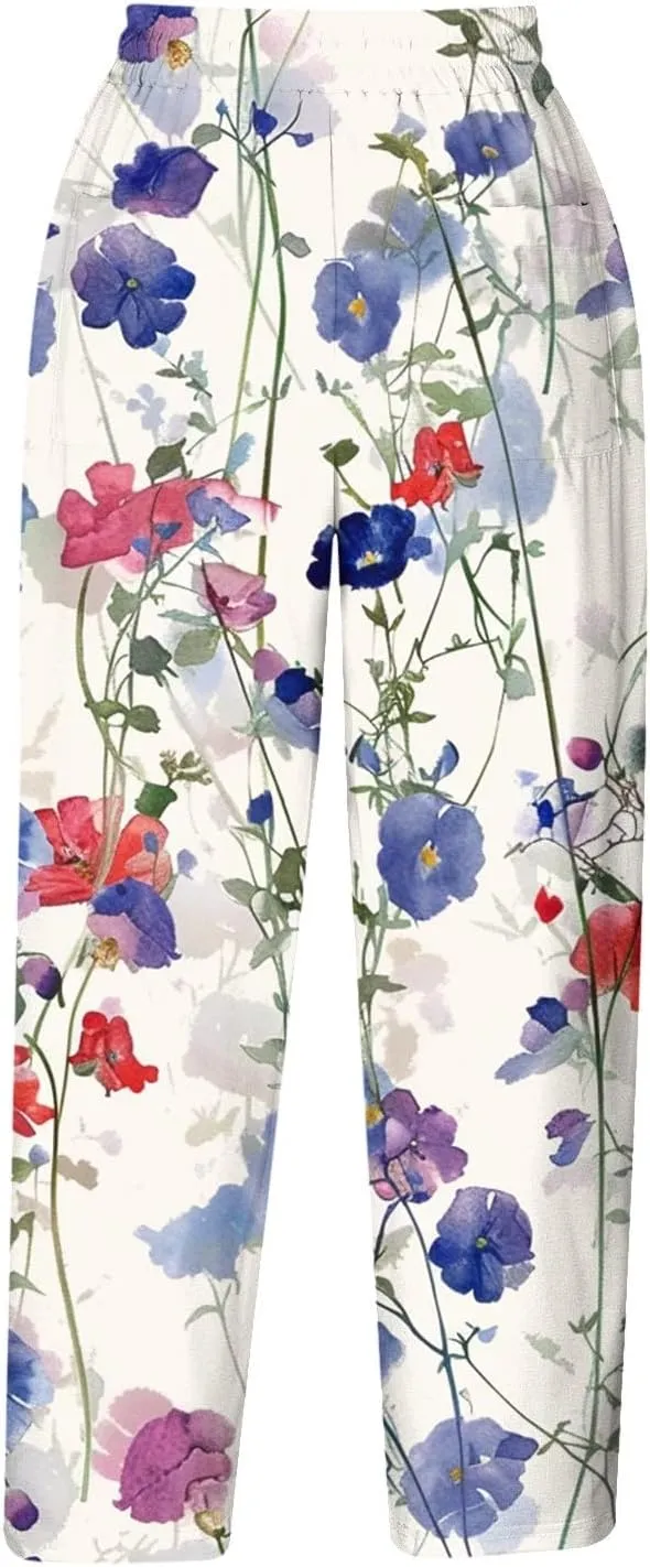 Capri Pants for Women Summer Comfy Loose Floral Print Linen Pants with Pockets Dressy High Waisted Cropped Trousers