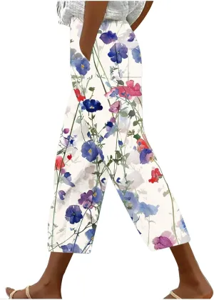 Capri Pants for Women Summer Comfy Loose Floral Print Linen Pants with Pockets Dressy High Waisted Cropped Trousers