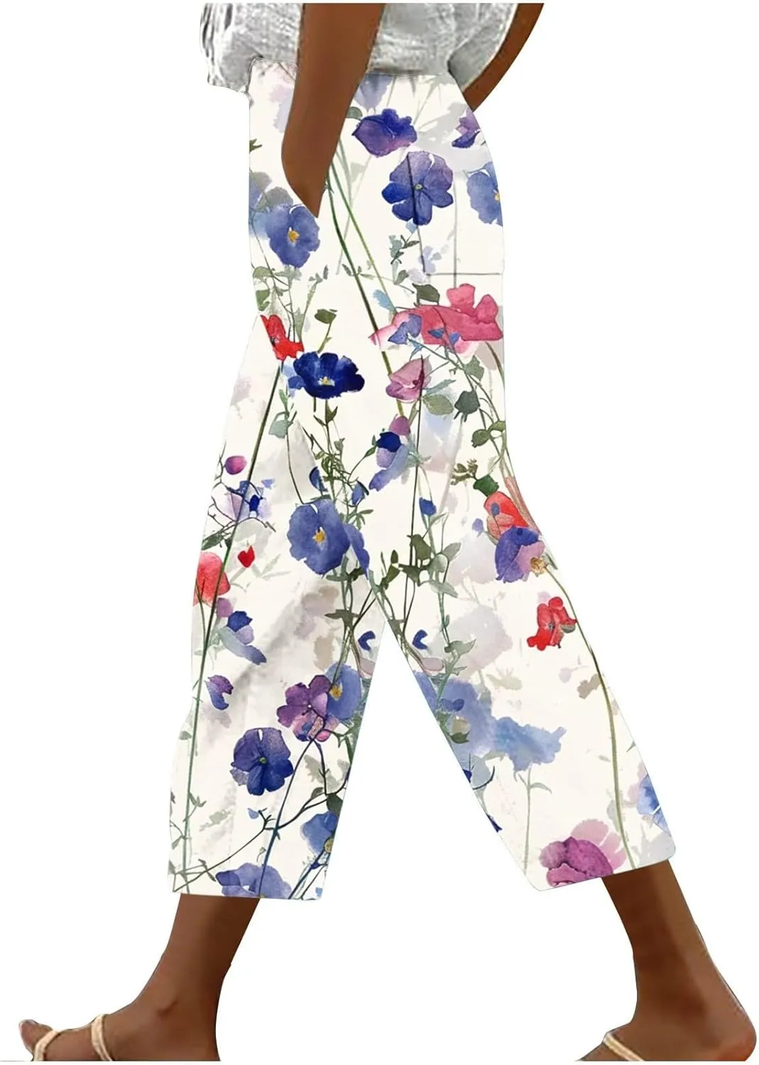 Capri Pants for Women Summer Comfy Loose Floral Print Linen Pants with Pockets Dressy High Waisted Cropped Trousers
