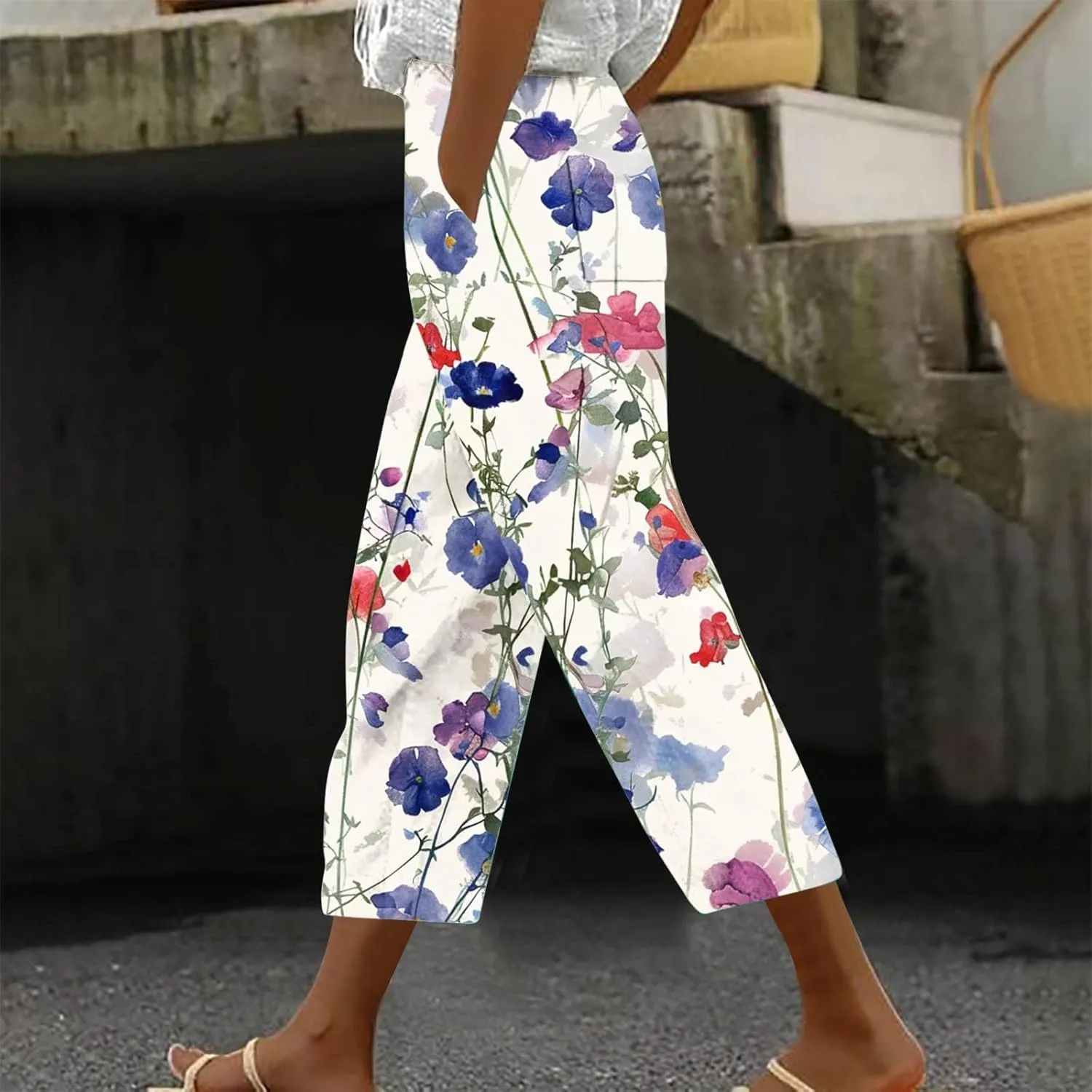 Capri Pants for Women Summer Comfy Loose Floral Print Linen Pants with Pockets Dressy High Waisted Cropped Trousers