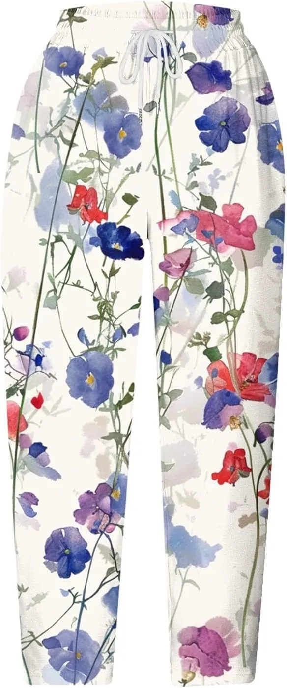 Capri Pants for Women Summer Comfy Loose Floral Print Linen Pants with Pockets Dressy High Waisted Cropped Trousers