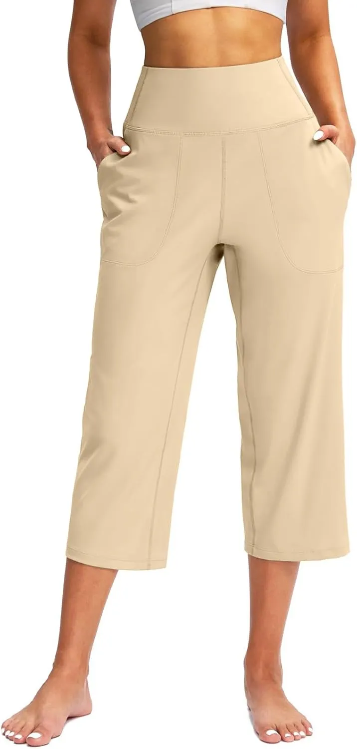 Capri Yoga Pants for Women Stretch High Waisted Wide Leg Pull on Capris Workout Athletic Work Pants with Pockets