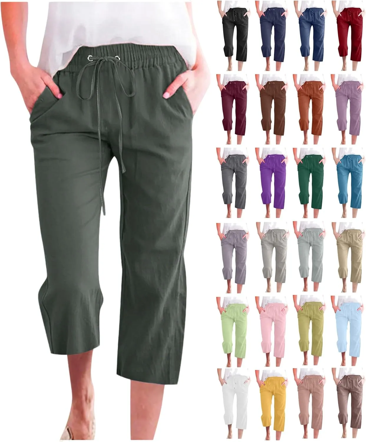 Capris Pants for Women Cotton Linen Casual Summer Plus Size Wide Leg Loose Drawstring Elastic Waist Cropped Trousers